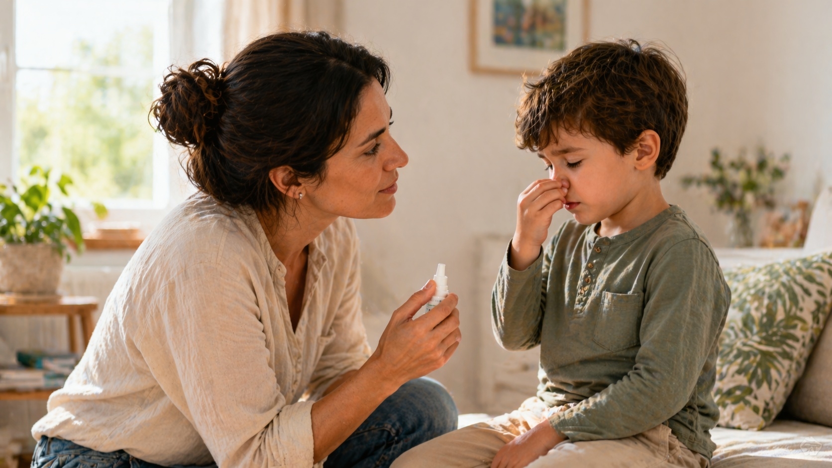 Madre aiuta bambino con allergia primaverile usando spray nasale