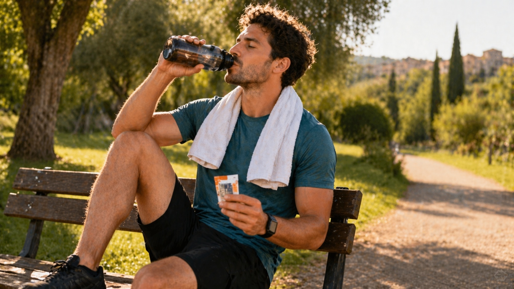 Uomo sportivo dopo allenamento estivo con integratori e borraccia
