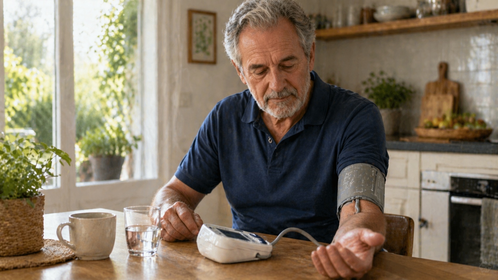 Uomo misura la pressione con misuratore automatico da braccio Omron M2 a casa